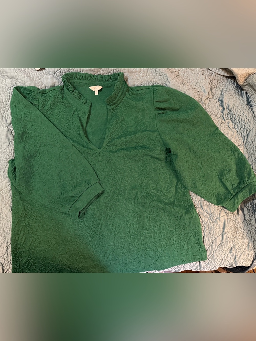 crown & ivy Emerald Green Textured Top with Ruffle Neck